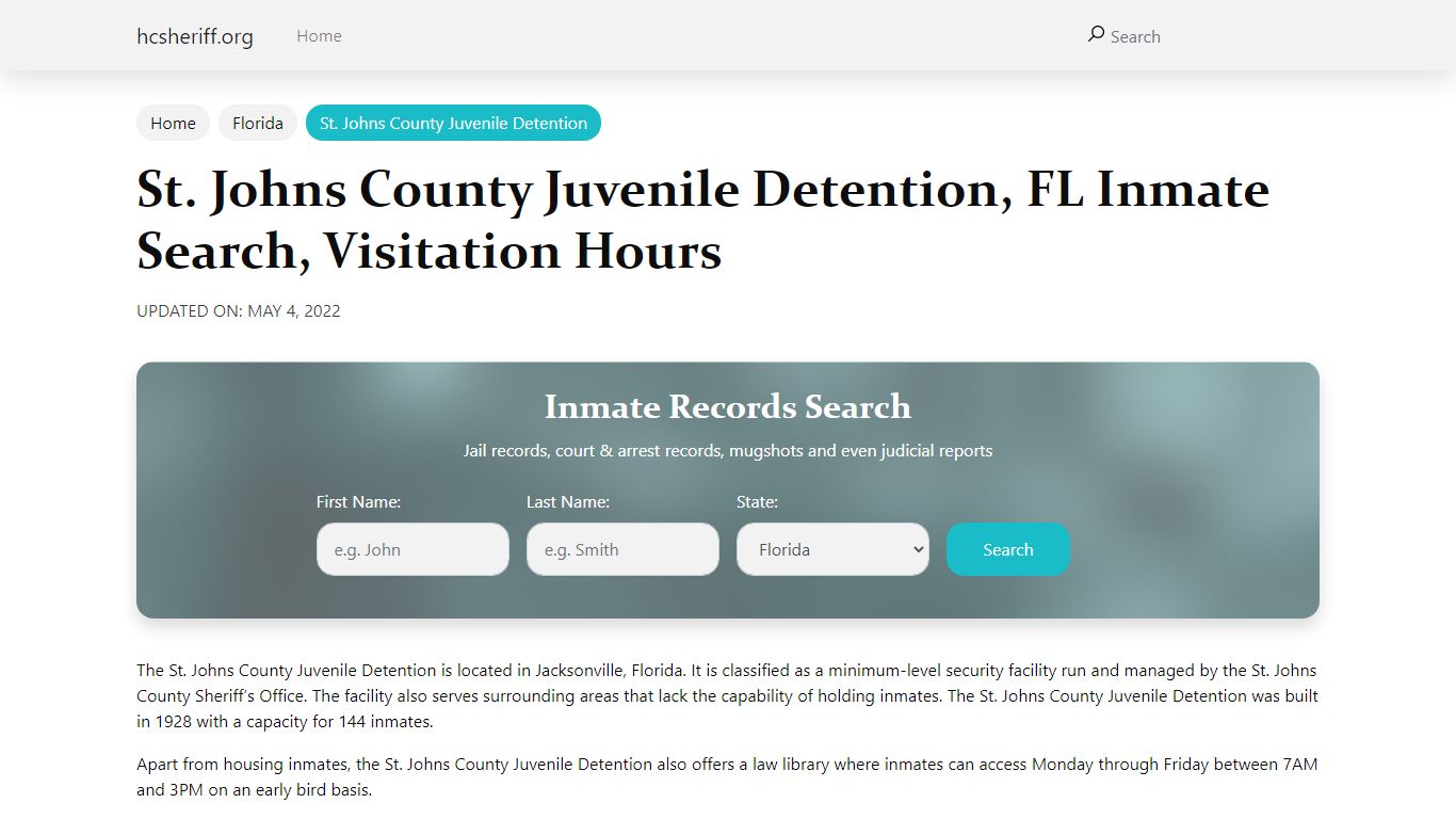 St. Johns County Juvenile Detention, FL Inmate Search ...